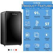 Tignes 91L Black Retro Mini Fridge with Built-In Freezer Compartment LK90TTBLACK Pre-order for NSW-VIC-QLD-WA