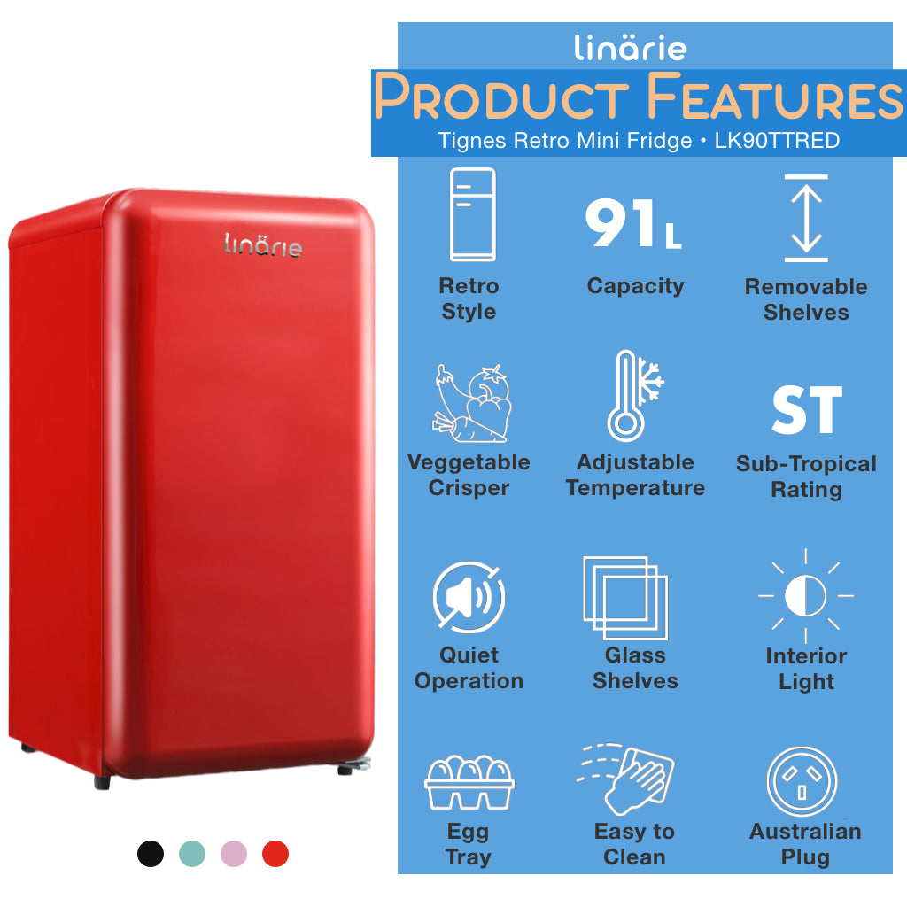 Linarie | Tignes 91L Red Retro Mini Fridge with Built-In Freezer Compartment LK90TTRED