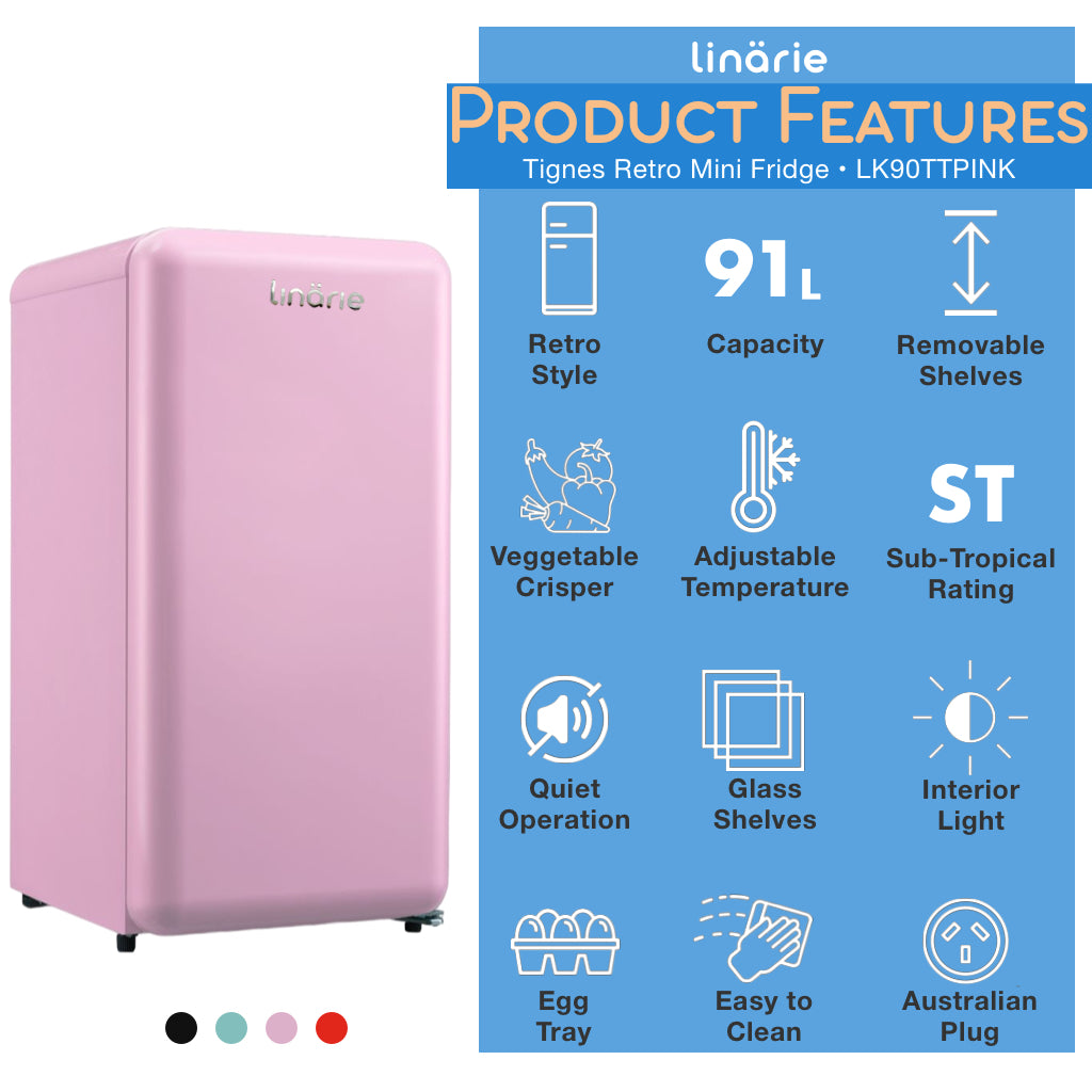Linarie | Tignes 91L Pink Retro Mini Fridge with Built-In Freezer Compartment LK90TTPINK