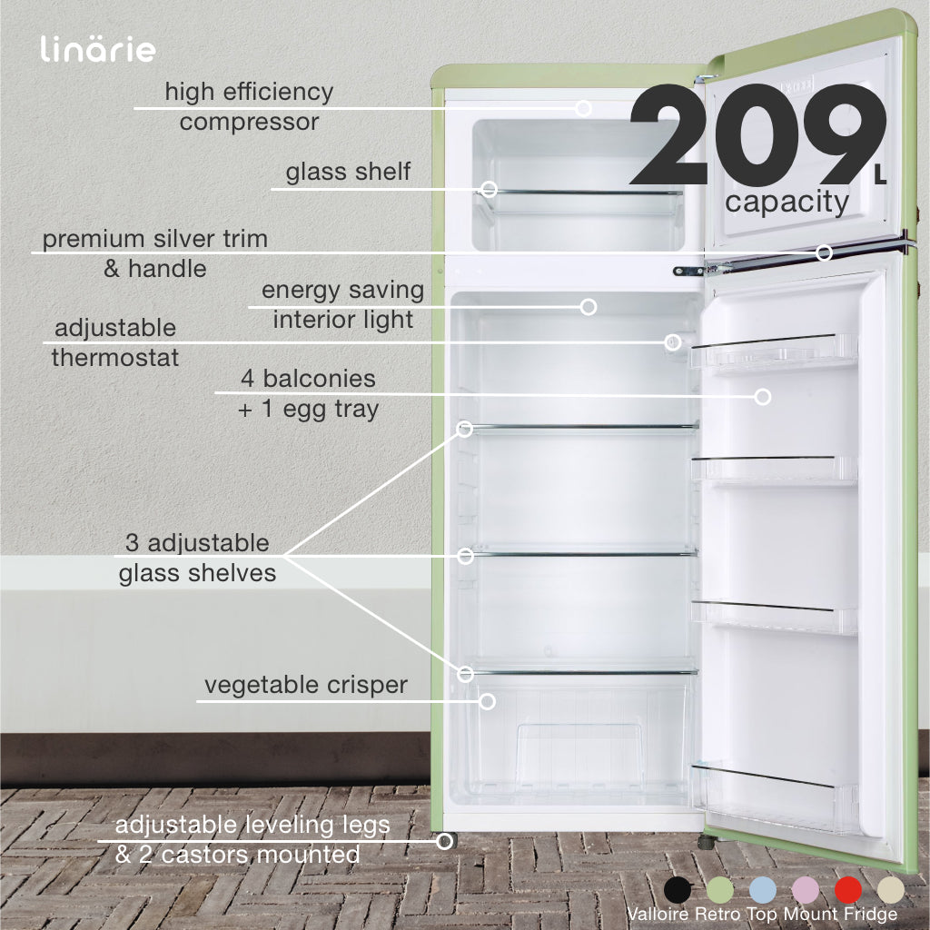 Valloire 209L Green Retro Top Mount Fridge LK200DDGREEN