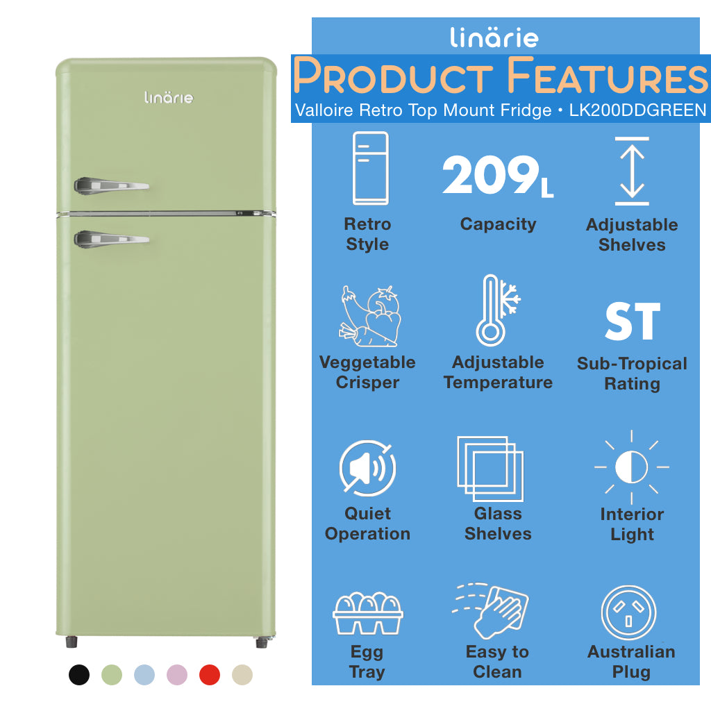 Valloire 209L Green Retro Top Mount Fridge LK200DDGREEN