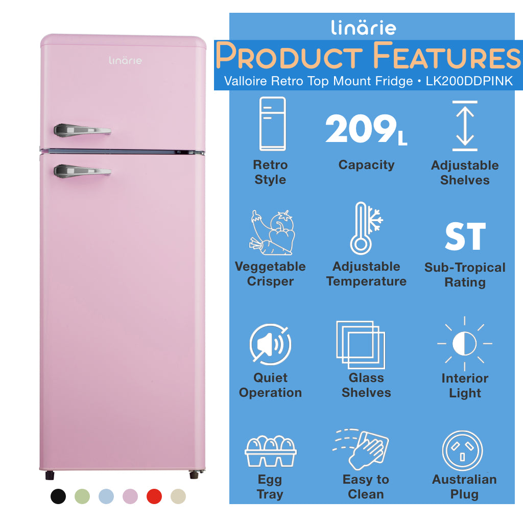 Valloire 209L Pink Retro Top Mount Fridge LK200DDPINK