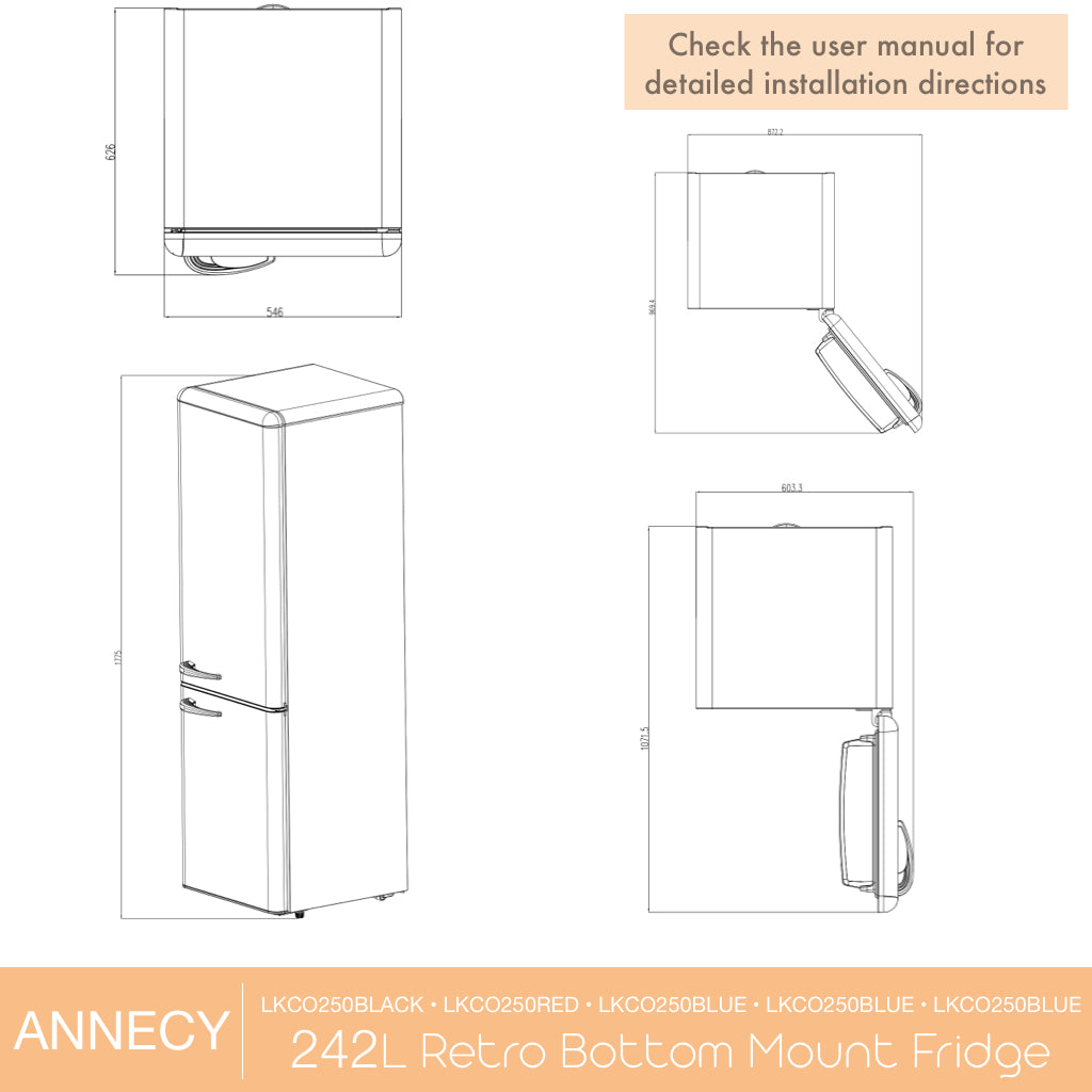 Annecy 242L Retro Bottom Mount Fridge Red LKCO250RED