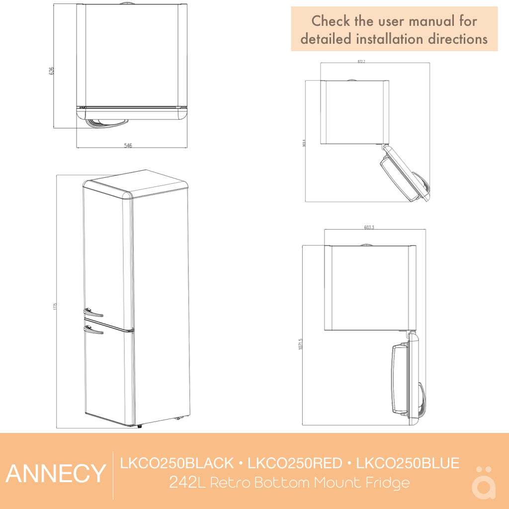 Annecy 242L Retro Bottom Mount Fridge Blue LKCO250BLUE