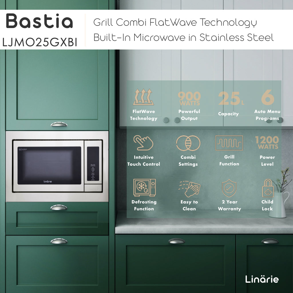 Linarie | Bastia 25L Grill Combi FlatWave Technology Built-In Microwave in Stainless Steel LJMO25GXBI