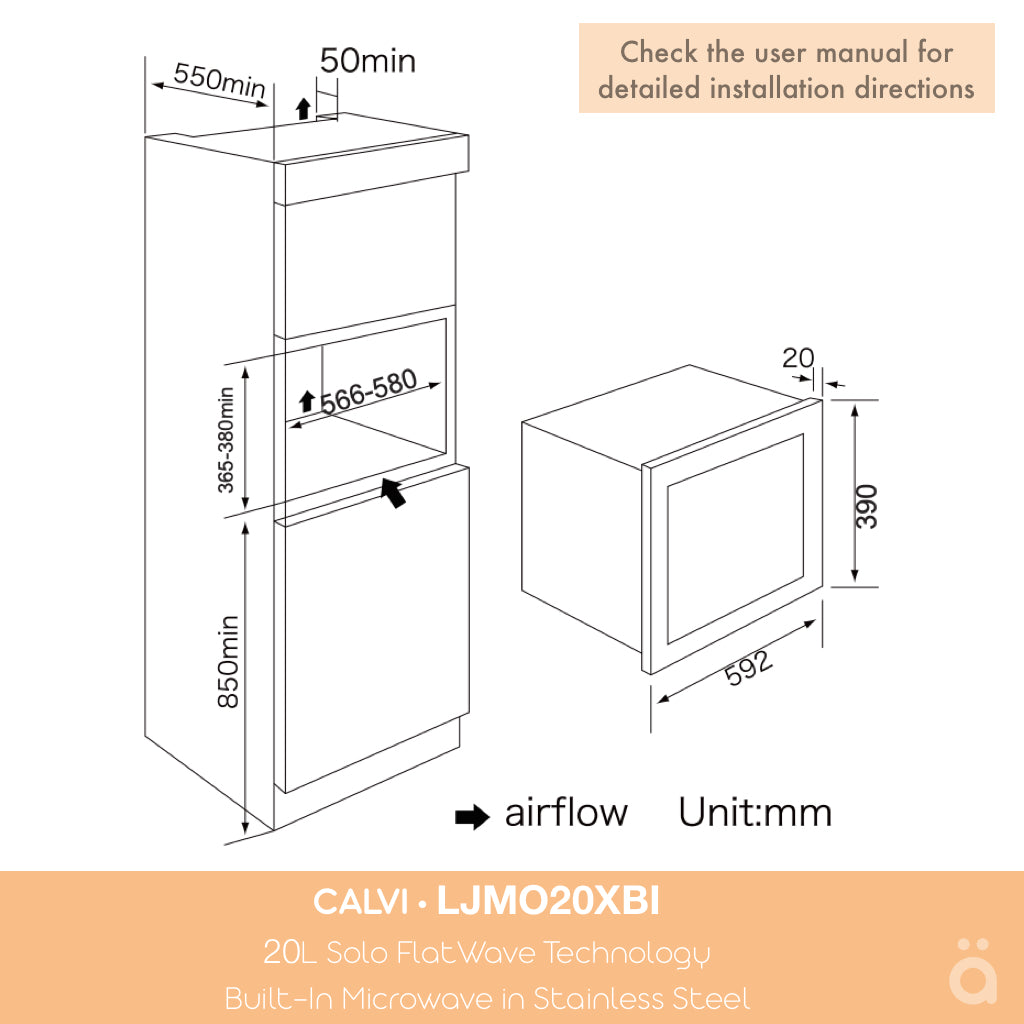 Calvi 20L Solo FlatWave Technology Built-In Microwave in Stainless Steel LJMO20XBI