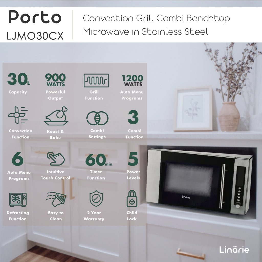 Linarie | Porto 30L Convection Grill Combi Benchtop Microwave in Stainless Steel LJMO30CX