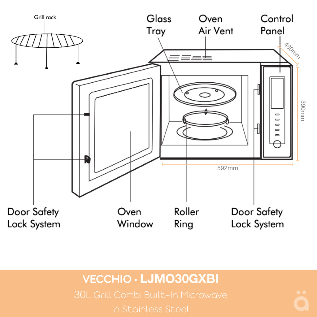 Linarie | Vecchio 30L Grill Combi Built-In Microwave in Stainless Steel LJMO30GXBI