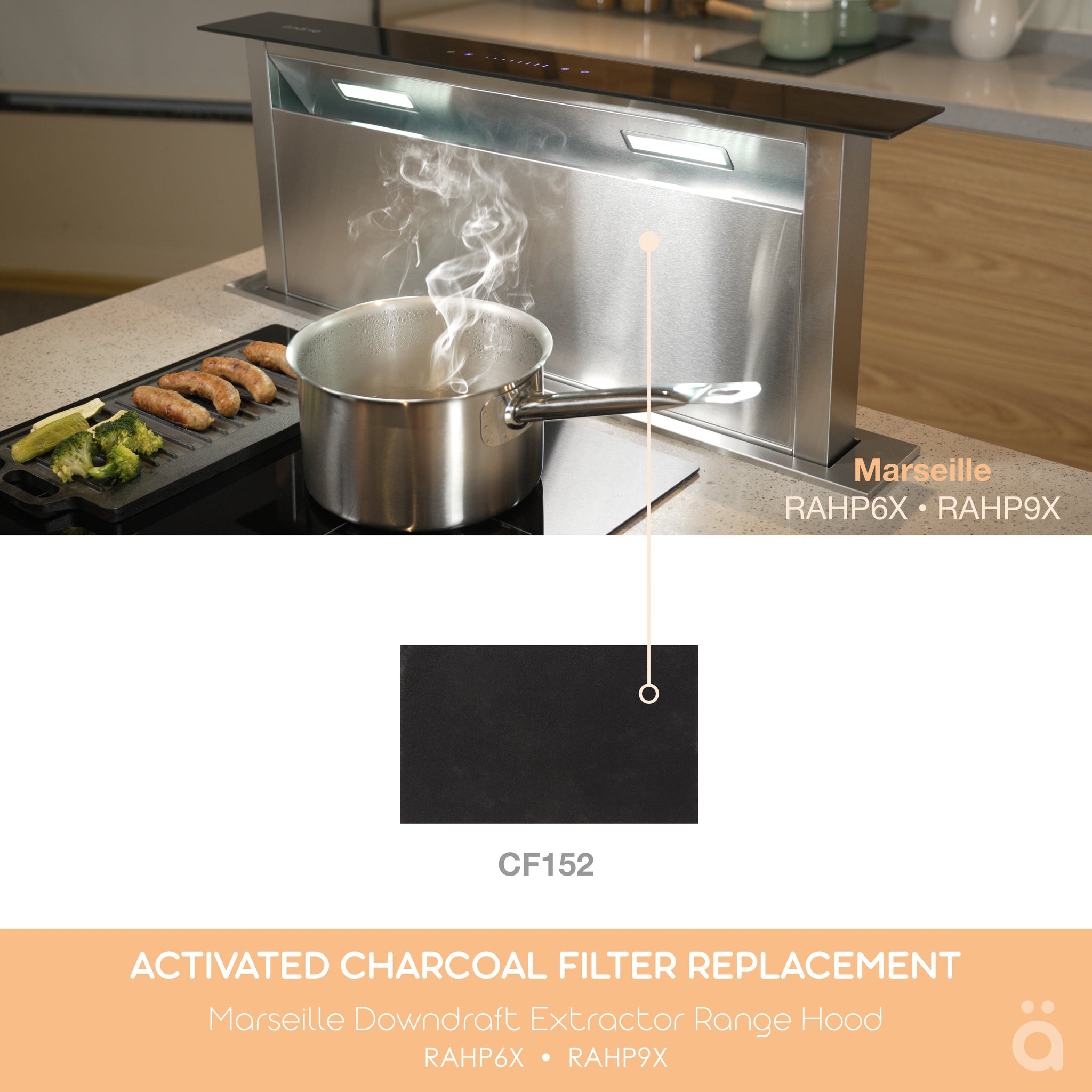 Linarie | Charcoal / Carbon Filter Replacement for Marseille RAHP9X Downdraft Extractor Rangehood CF152